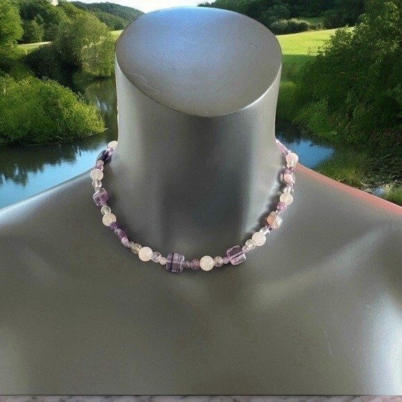 Natural Purple Amethyst Beaded Single Strand Necklace 22 Clear White Vg 77$